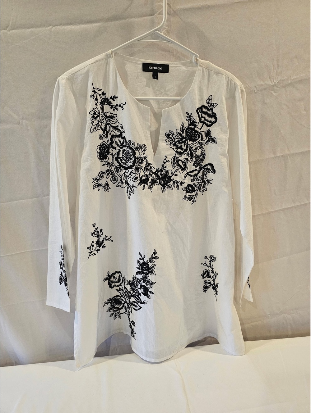 Karen Kane White Blouse with Black Floral Embroidery, Size S